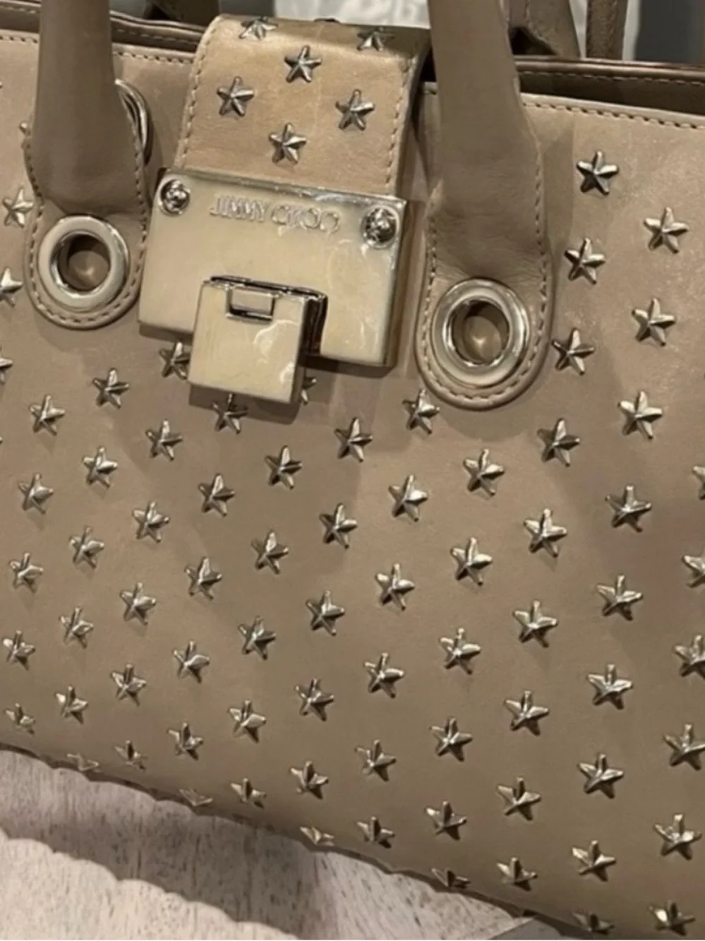 Authentic Jimmy Choo Taupe Leather Star Studded Satchel Shoulder/Crossbody Bag